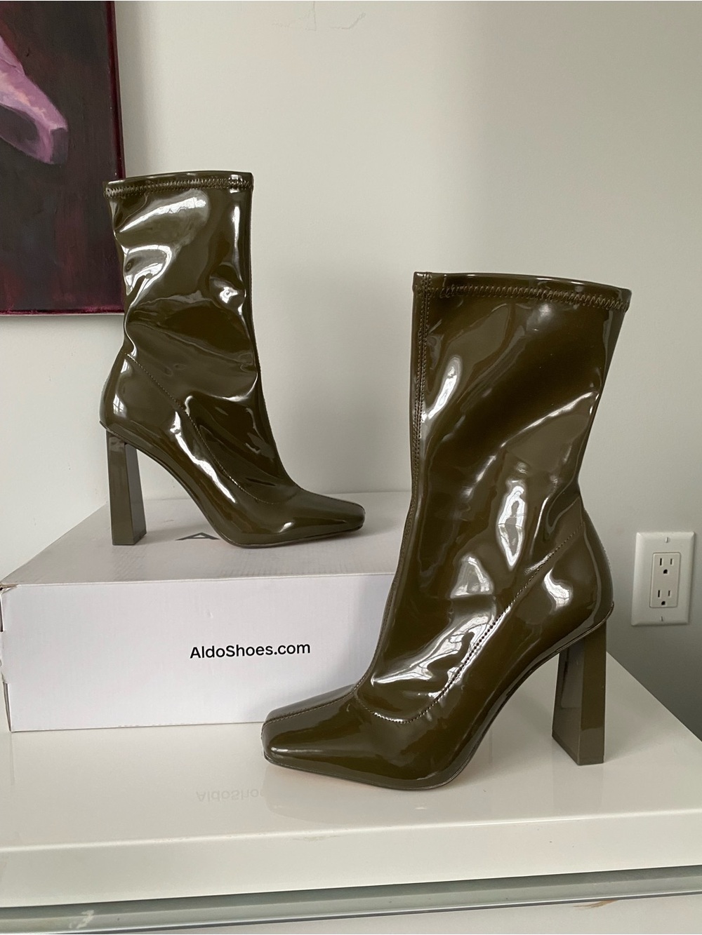 Aldo Olive Green Patent Square Toe Block Heel Boots